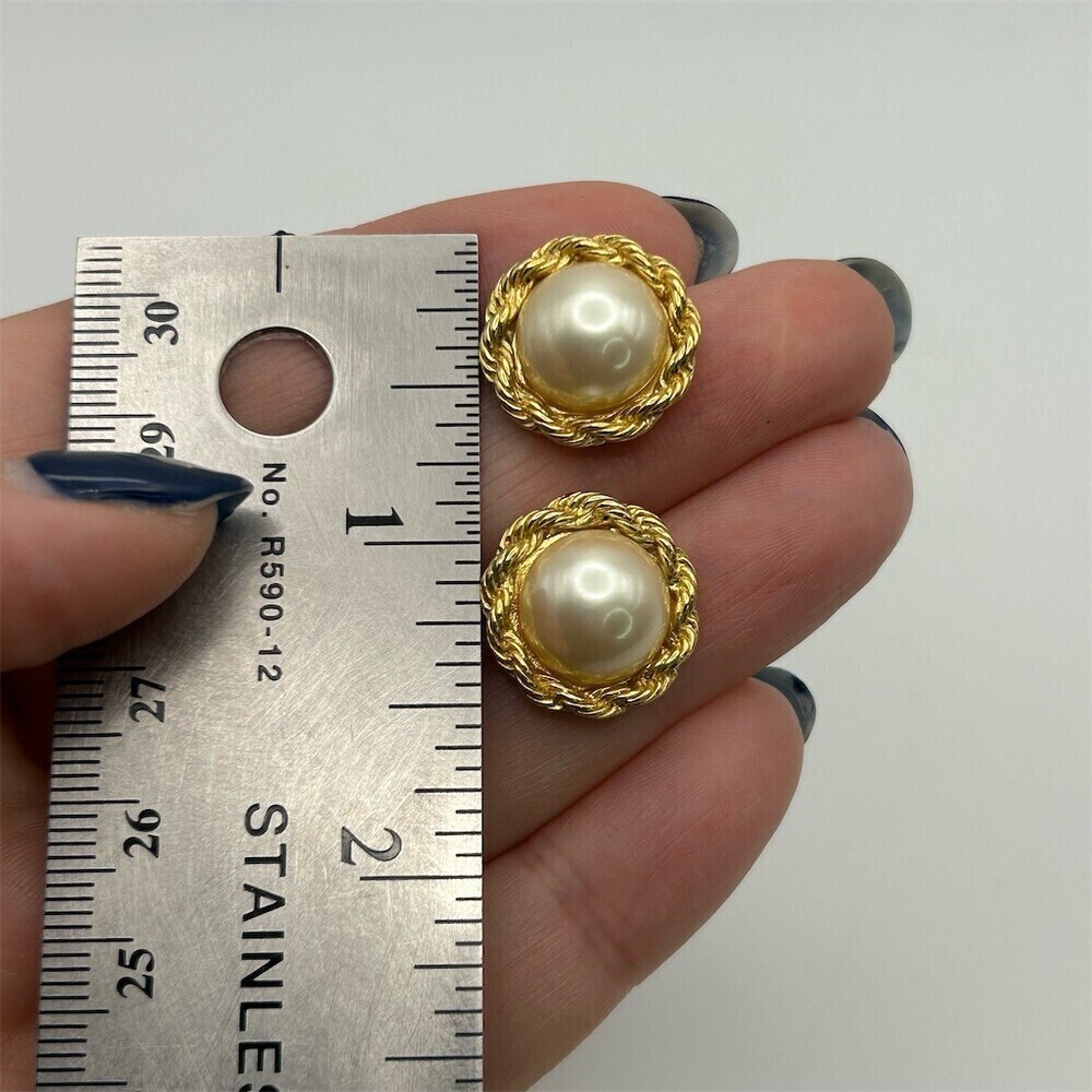 Vintage Trifari Womens Faux Pearl Rope Twist Gold Tone Button Stud Earrings - Picture 8 of 9